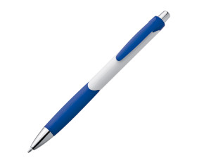 Plastic ball pen with white shaft and rubber grip zone