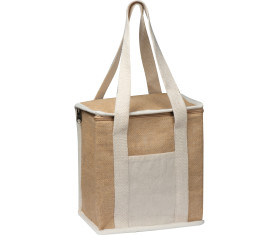 Jute cooler bag with long handles.